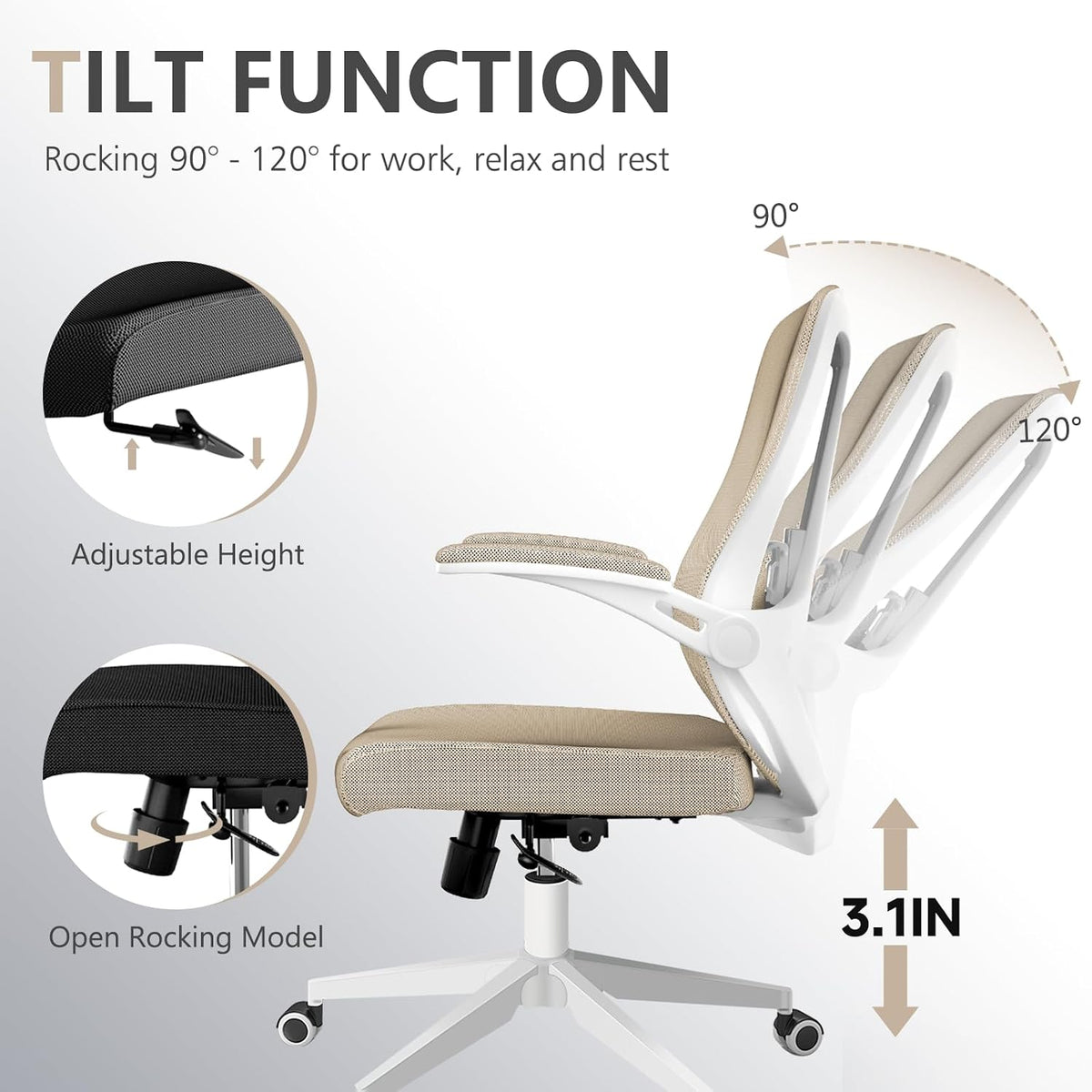 Ergonomic Office Chair, Home Office Desk Chair with Wheels, Mesh Office Chair with Lumbar Support, Comfortable Office Chair, Study and Dorm, Khaki