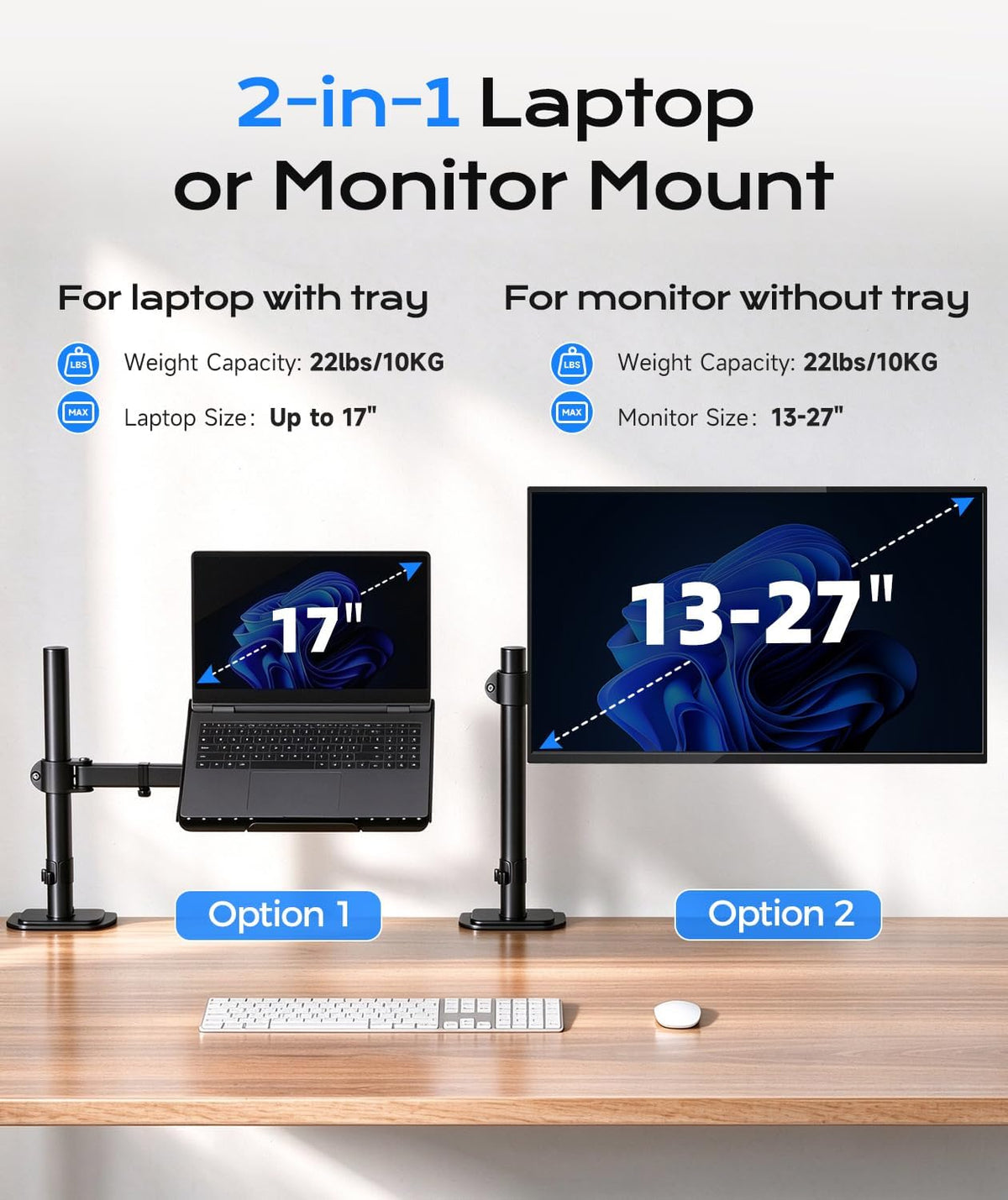 Single Laptop Notebook Desk Mount with Tray for 13-27 Inch Computer Screen, Fully Adjustable Laptop Desk Arm for Notebook up to 17’’, Weight up to 15.6 Lbs