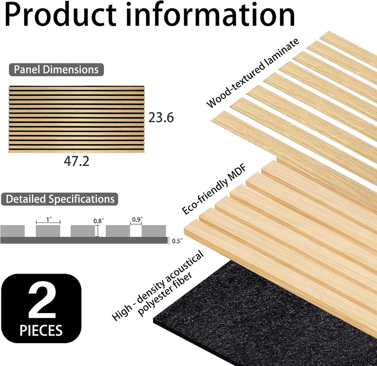 Oak 2 Pack Wood Slat Acoustic Panels 47.2 X 23.6 Inch 3D Fluted Design for Sound Absorbing Wall and Ceiling Noise Reduction Home Theater Office Modern Decor