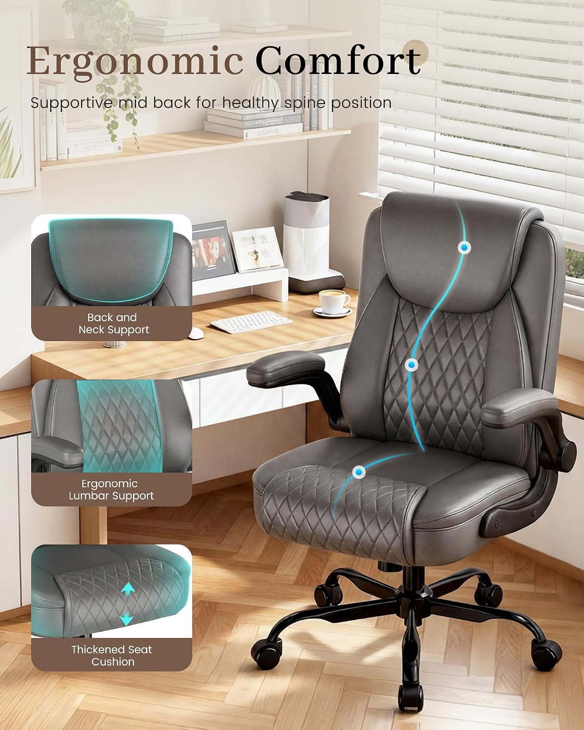 Mid-Back Office Chair, Ergonomic PU Desk Chair with Flip up Arms, Small Computer Gaming with Comfy Lumbar Support,Rocking Function,Sturdy Metal Base, Grey