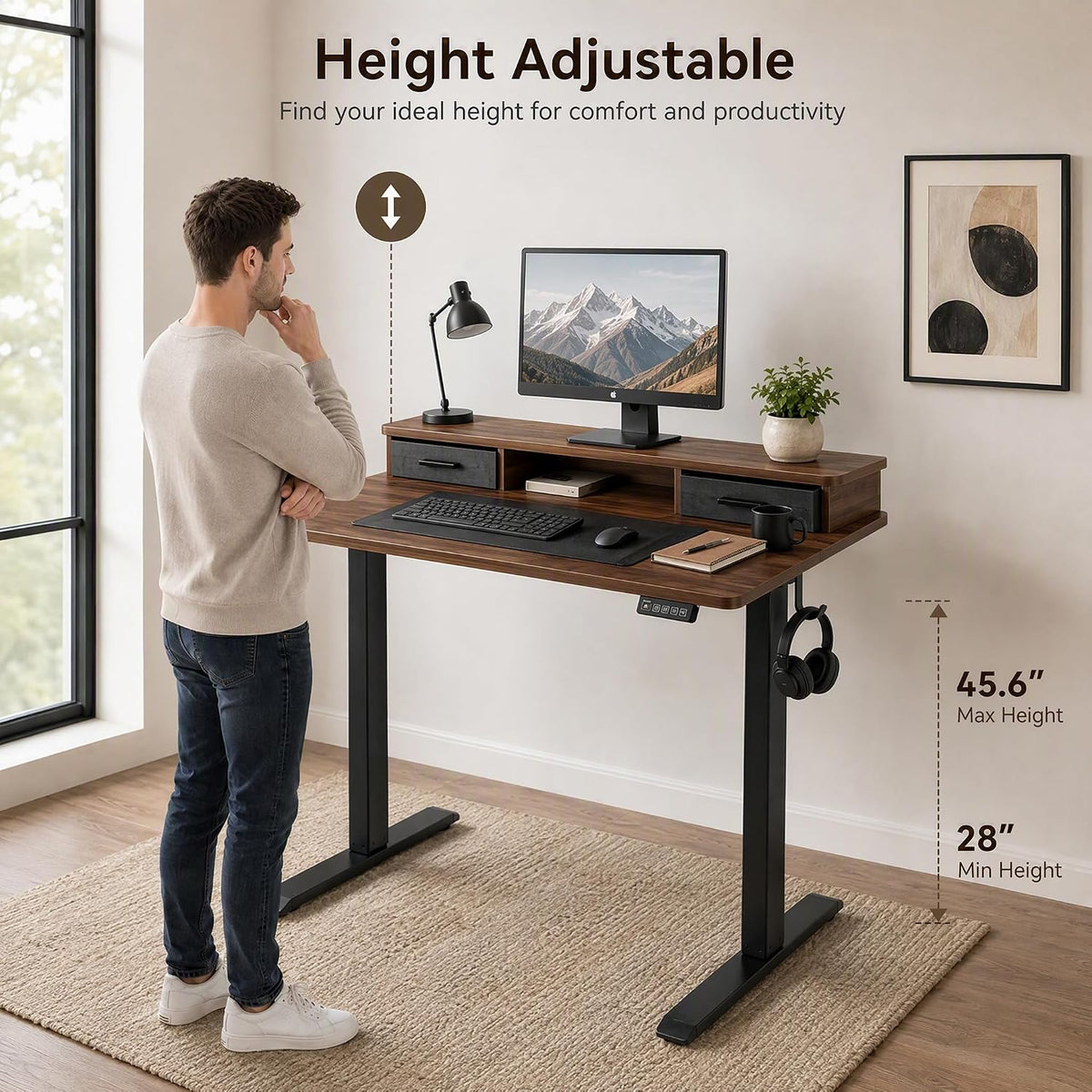 Electric Standing Desk with Two Drawers, Sit to Stand up Height Adjustable Desk with Storage Shelf for Home Office, 47 * 24 Inch, Study, Ergonomic Adjustable Computer Desk, Walnut