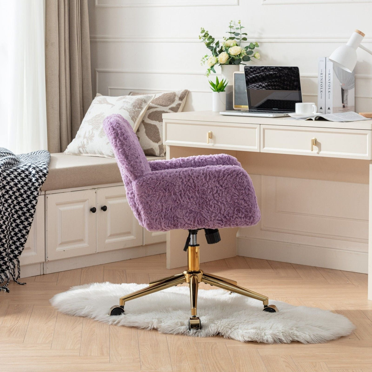 Artificial Rabbit Hair Office Chair with Metal Base - Swivel, Adjustable Height