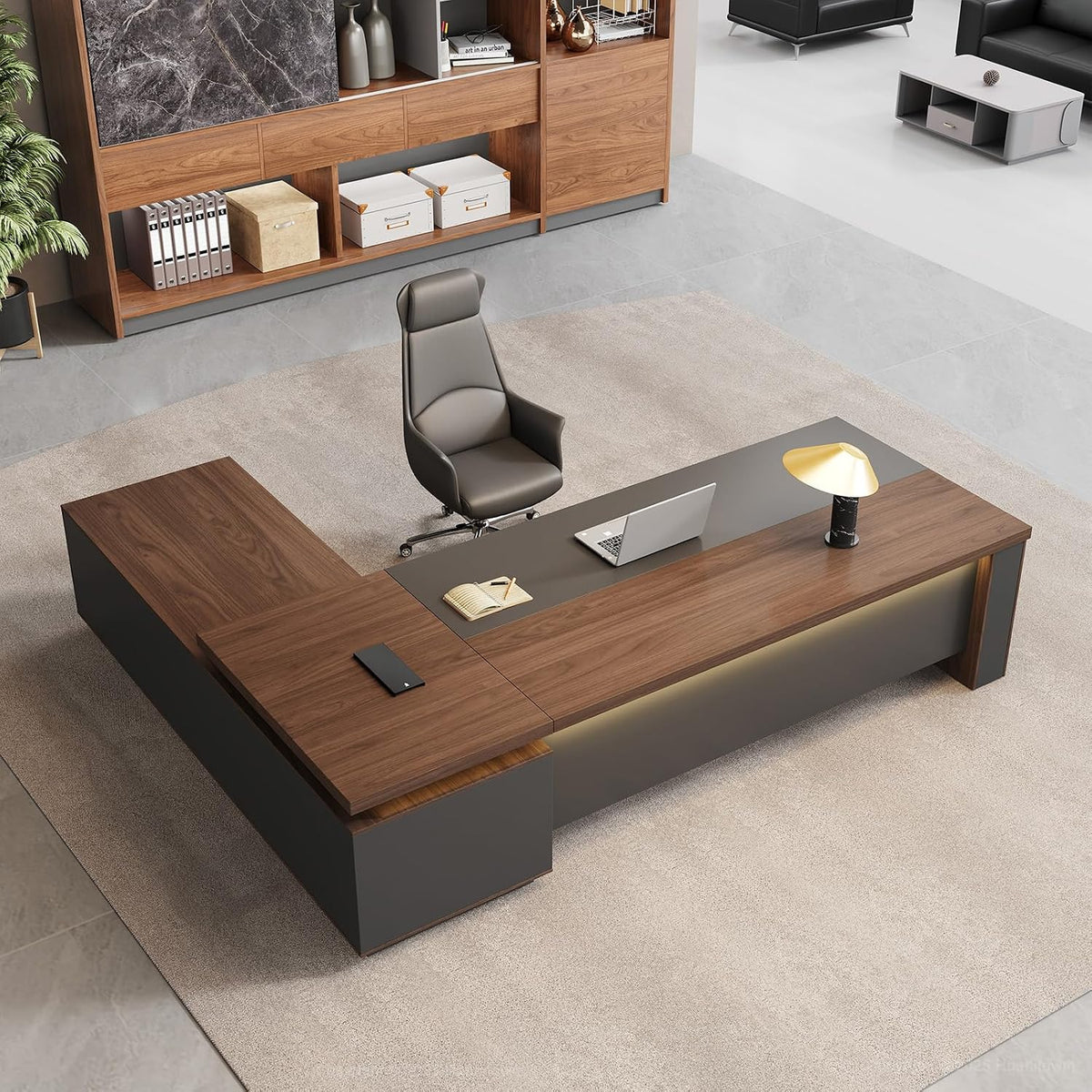 63" Reversible L-Shaped Executive Desk with Power Outlets and Drawers