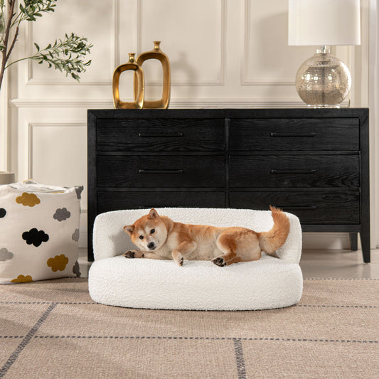 Ivory White Curved Dog Sofa Bed with Boucle Upholstery - Medium