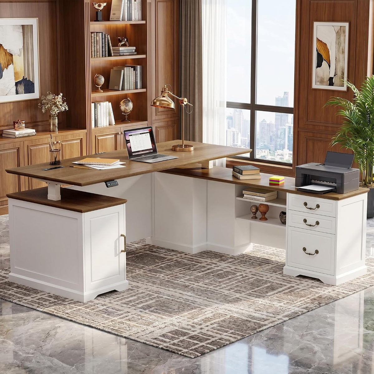71" L Shaped Executive Desk with File Cabinet Drawers Outlet USB, Height Adjustable Modern Desk Privacy Panel Sit-Stand Workstation for Boss Managers Office Home, Walnut & Antique White