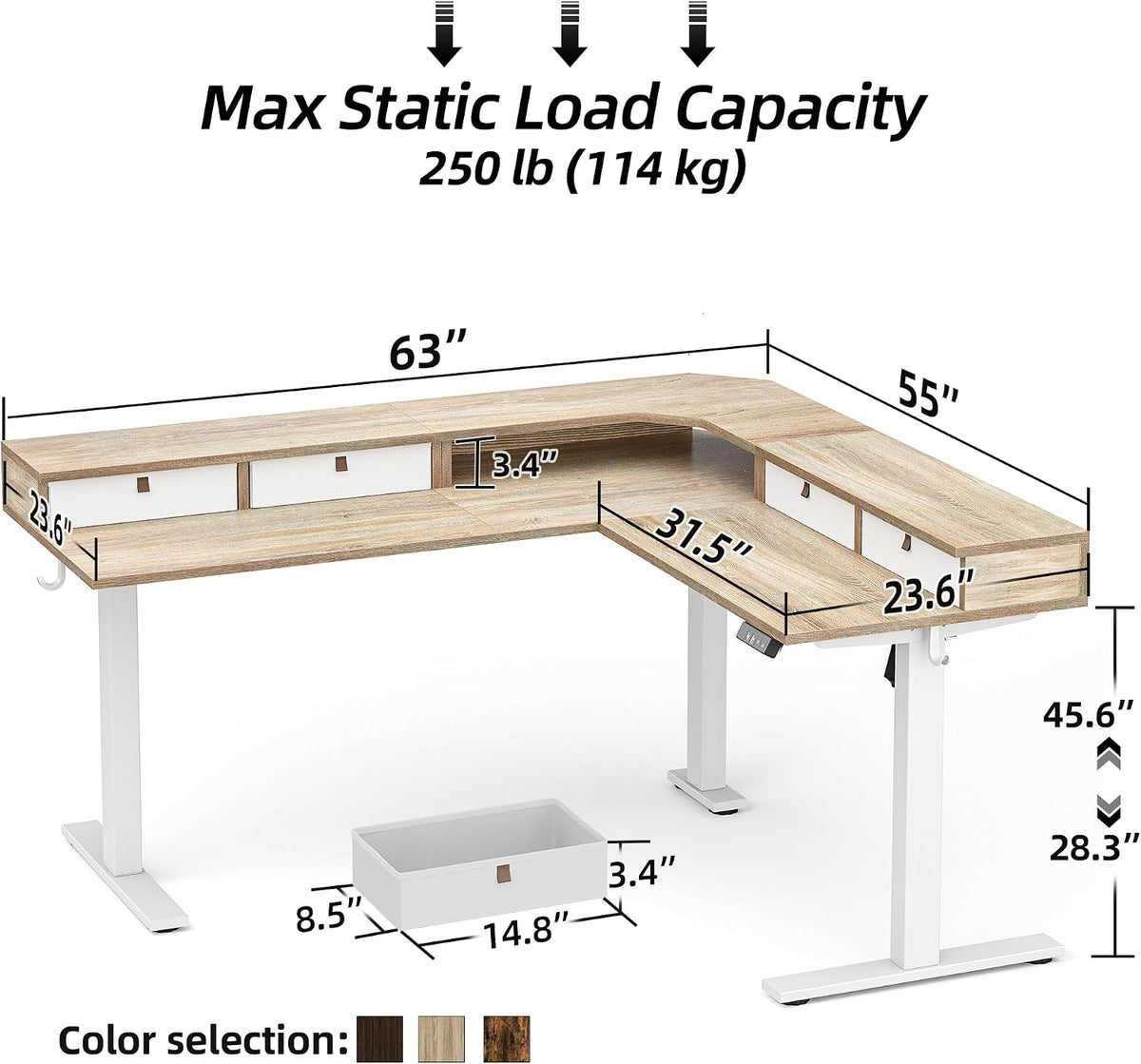 L Shaped 63 X 55 Inch Standing Desk Adjustable Height, Electric Corner Standing Desk with 4 Drawers and Upper Shelf, Sit Stand Computer Table with Splice Board, Maple
