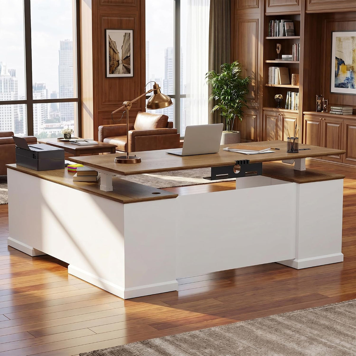 71" L Shaped Executive Desk with File Cabinet Drawers Outlet USB, Height Adjustable Modern Desk Privacy Panel Sit-Stand Workstation for Boss Managers Office Home, Walnut & Antique White