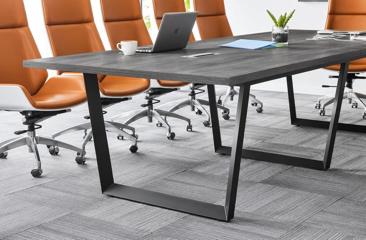 12FT Conference Table with Cable Management Grommets — Modern Rectangle Office Meeting/Boardroom Table with Melamine Wood Top and Metal Frame (Grey)