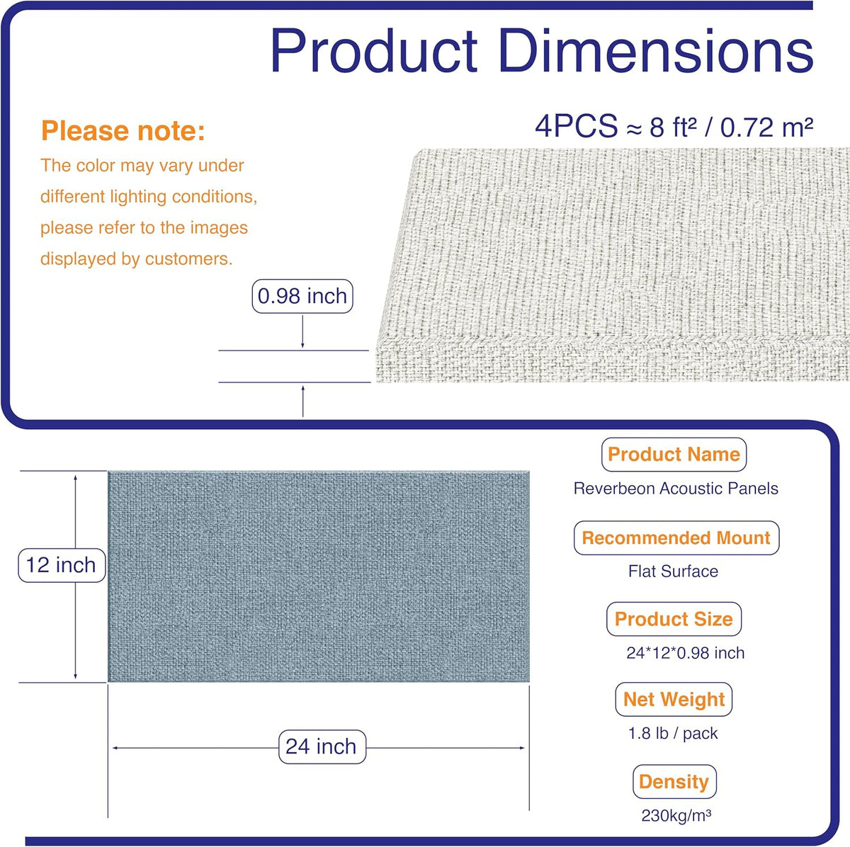 4PCS Acoustic Panels, 24"X12" Fabric Acoustic Panels for Walls, Self-Adhesive Sound Absorbing Panels for Home, Office, Studios (Slate Navy & Chalk White)