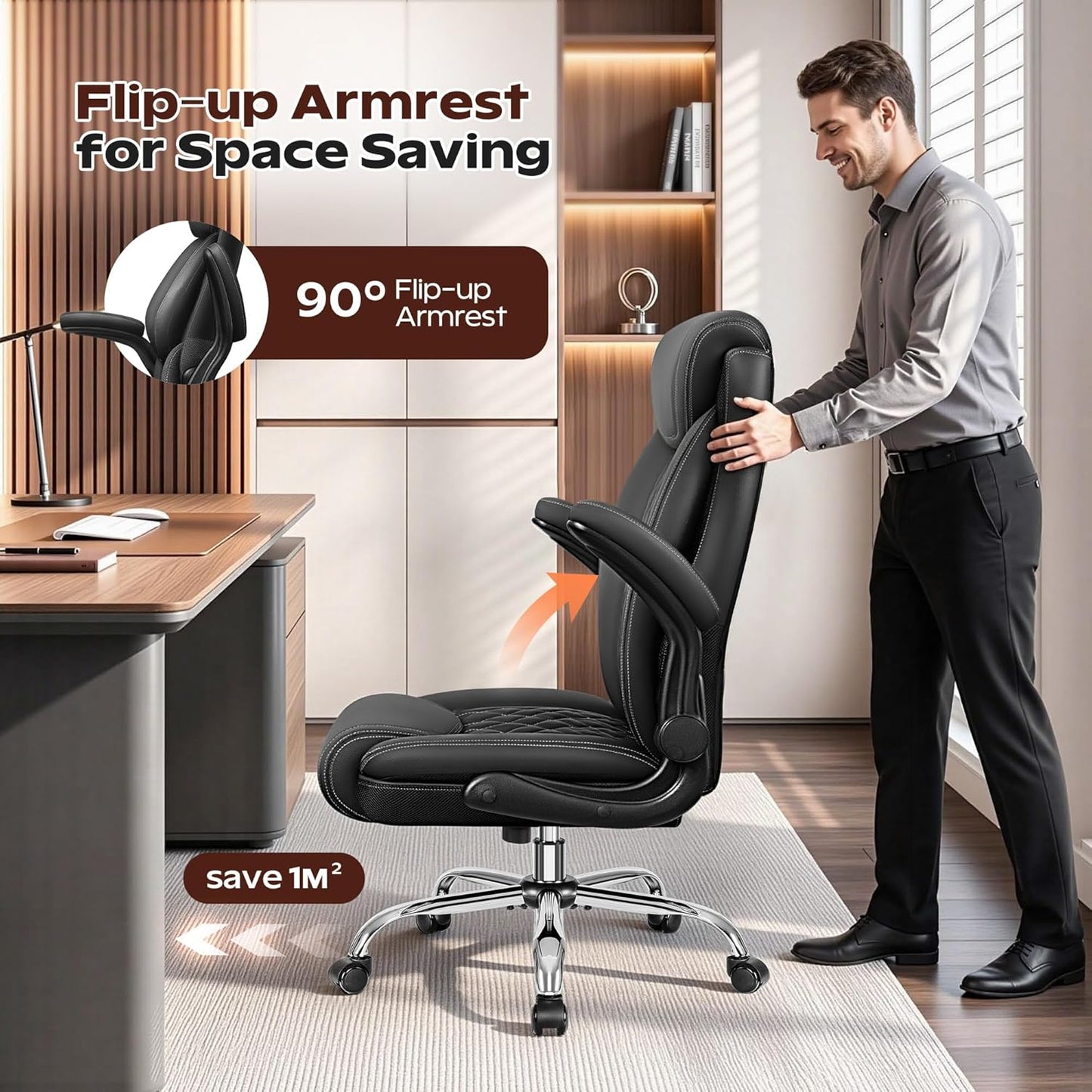 Office Chair, Ergonomic High Back Home Office Desk Chair, Big and Tall Breathable Leather Office Chair with Lumbar Support Flip-Up Armrests, Computer Gaming Chair with Rocking Function