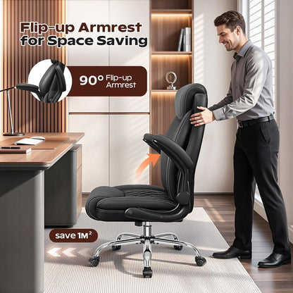 Office Chair, Ergonomic High Back Home Office Desk Chair, Big and Tall Breathable Leather Office Chair with Lumbar Support Flip-Up Armrests, Computer Gaming Chair with Rocking Function