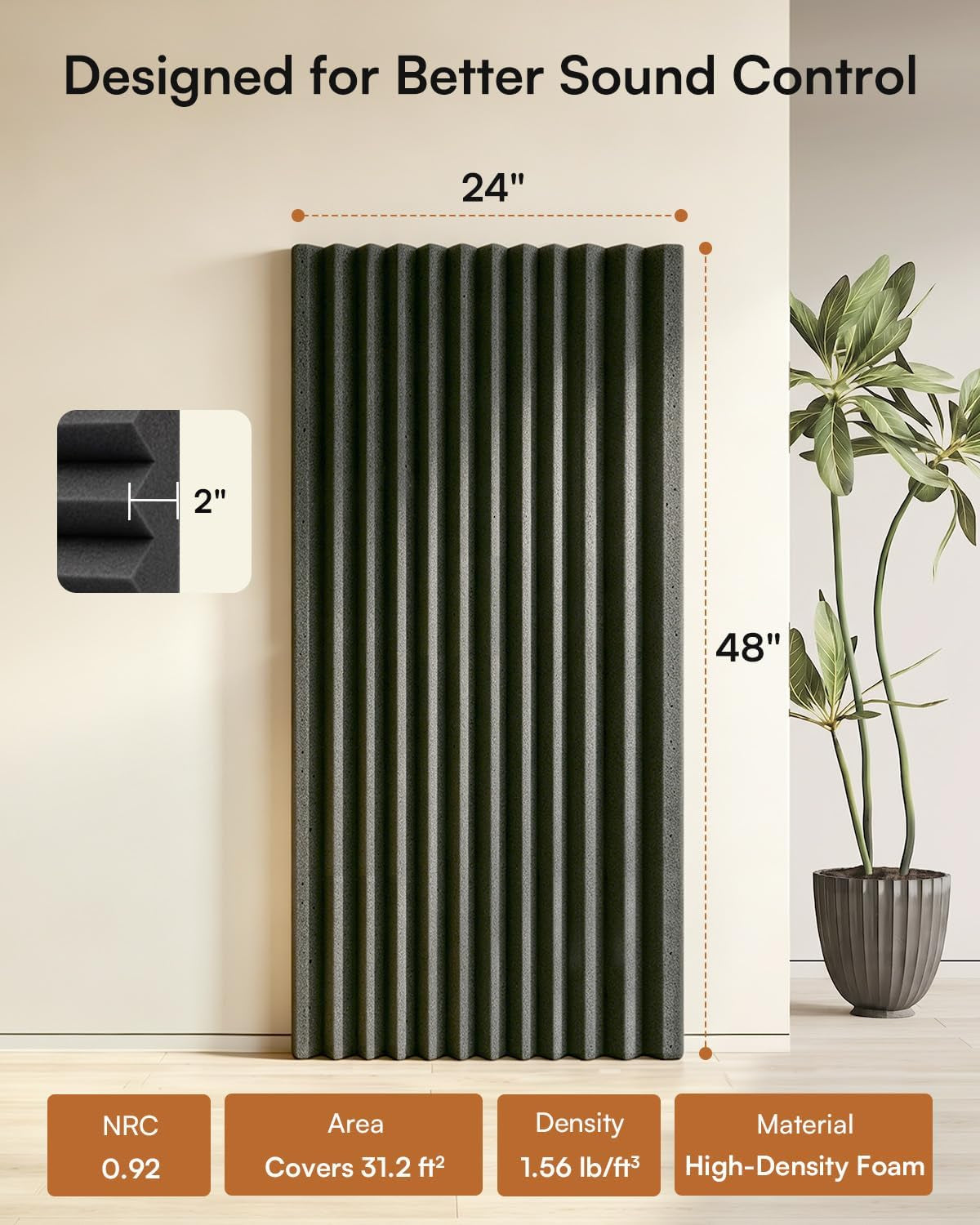 SODOCT 4 Pack Large Wedge Acoustic Foam Panels, 48 X 24 X 2 Inches High Density Sound Proof Foam for Walls, Professional Sound Absorbing Studio Panels for Home Theater, Recording (Black)