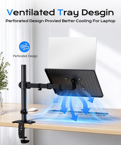 Single Laptop Notebook Desk Mount with Tray for 13-27 Inch Computer Screen, Fully Adjustable Laptop Desk Arm for Notebook up to 17’’, Weight up to 15.6 Lbs