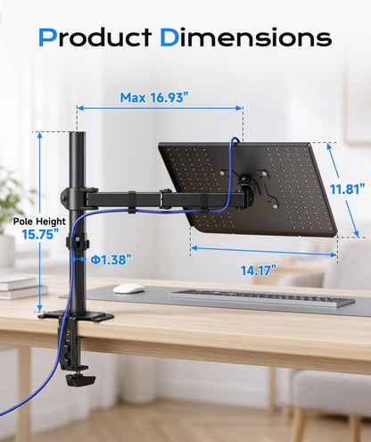 Single Laptop Notebook Desk Mount with Tray for 13-27 Inch Computer Screen, Fully Adjustable Laptop Desk Arm for Notebook up to 17’’, Weight up to 15.6 Lbs