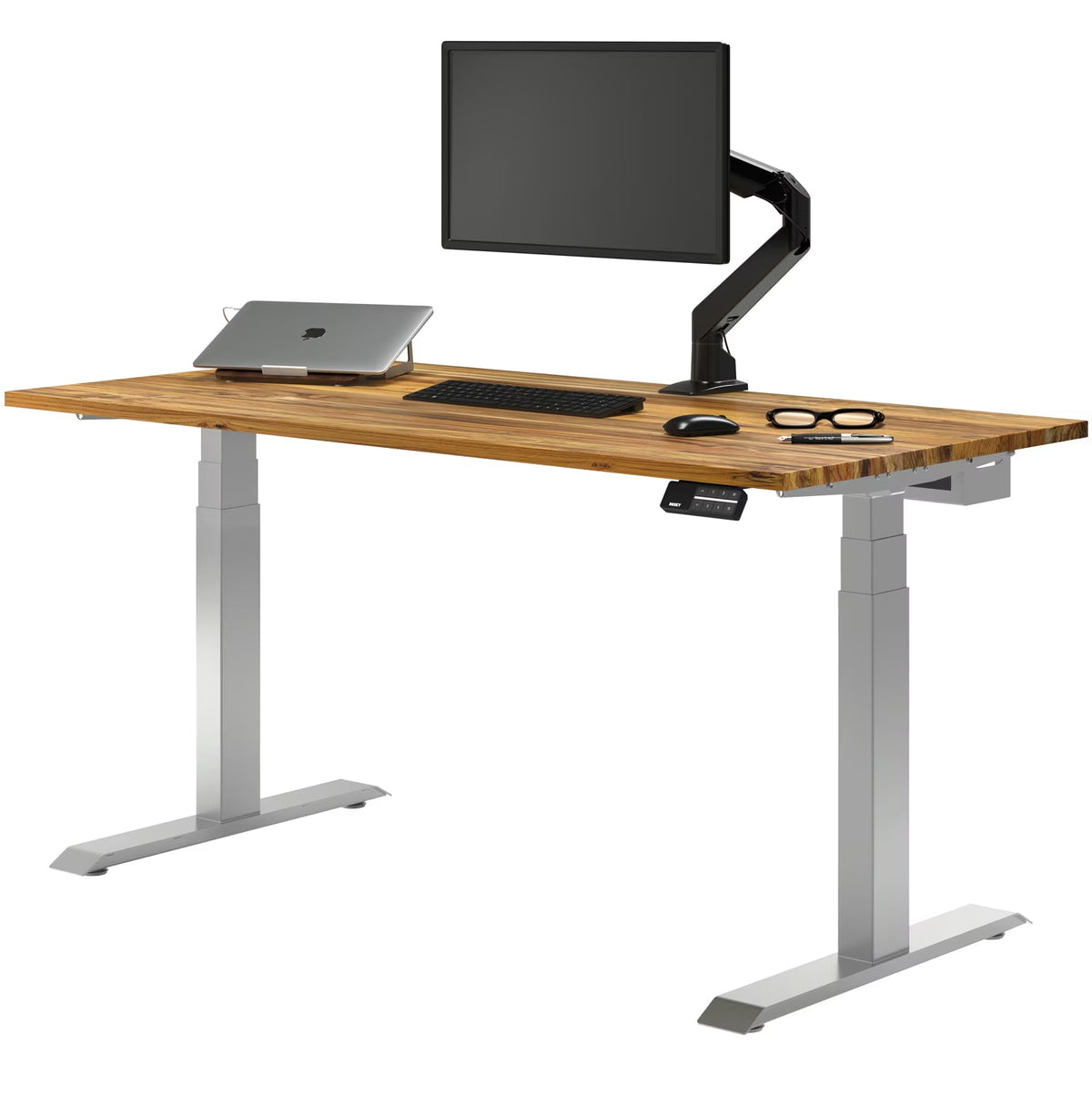 Dual Hardwood Sit Stand Desk - Teak / 72 X 30 Inches / Gray