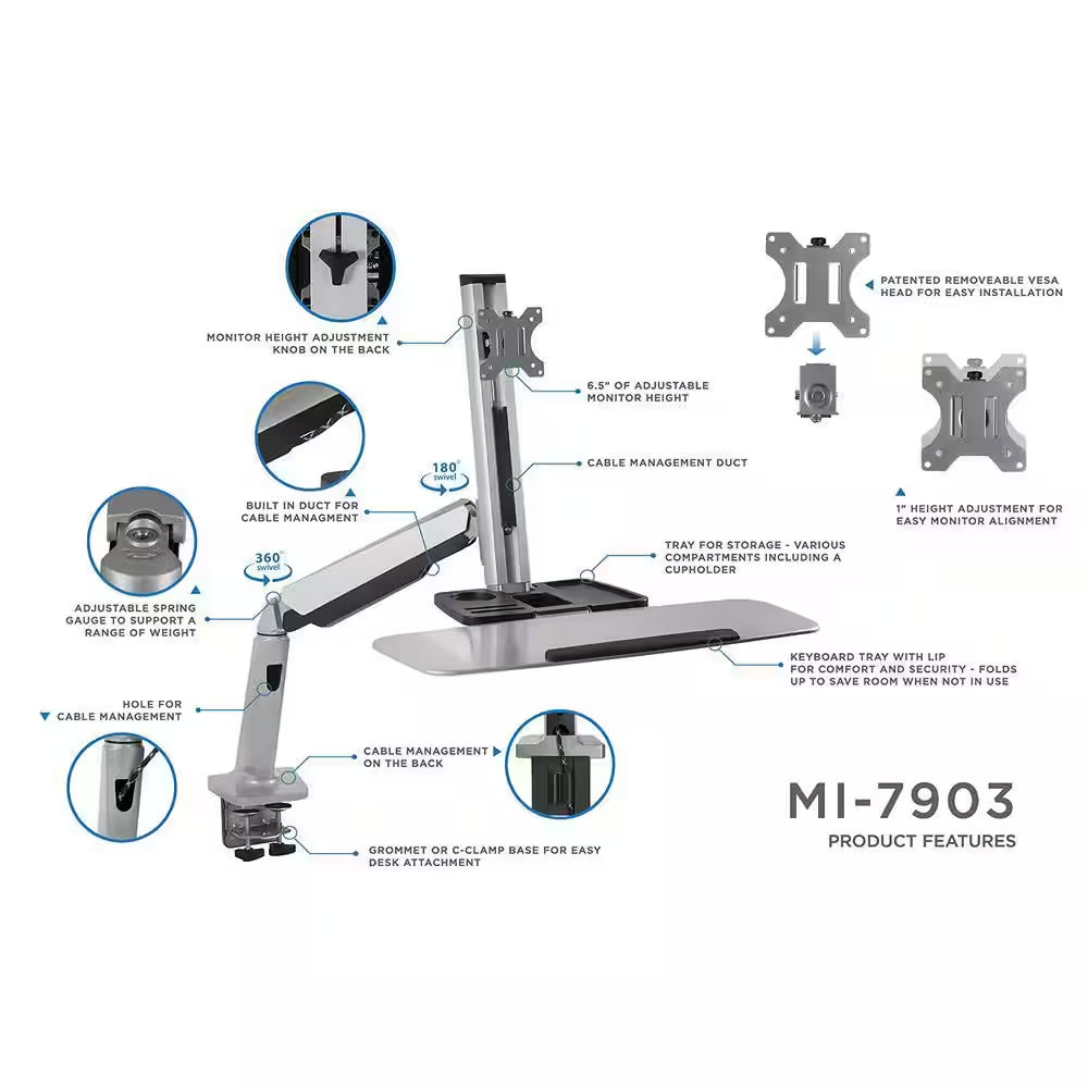 26 In. Silver Workstation for Monitor, Keyboard, Height Adjustable Standing Desk Mount W/Monitor Mount and Keyboard Tray