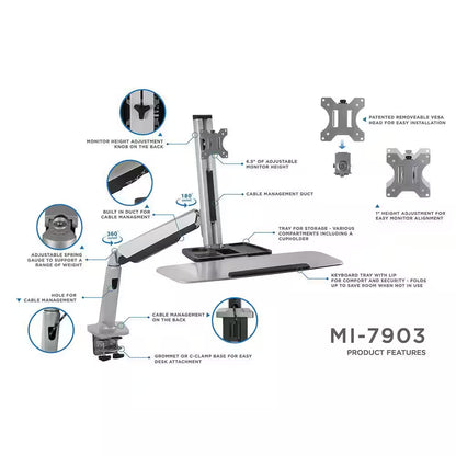 26 In. Silver Workstation for Monitor, Keyboard, Height Adjustable Standing Desk Mount W/Monitor Mount and Keyboard Tray