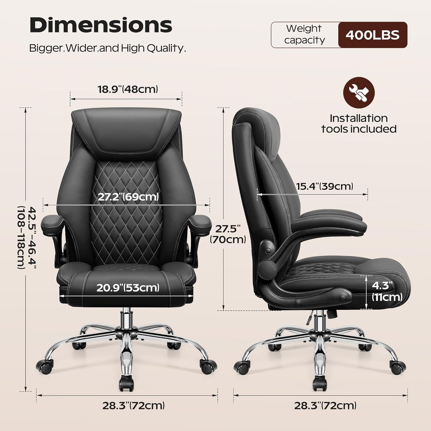 Office Chair, Ergonomic High Back Home Office Desk Chair, Big and Tall Breathable Leather Office Chair with Lumbar Support Flip-Up Armrests, Computer Gaming Chair with Rocking Function