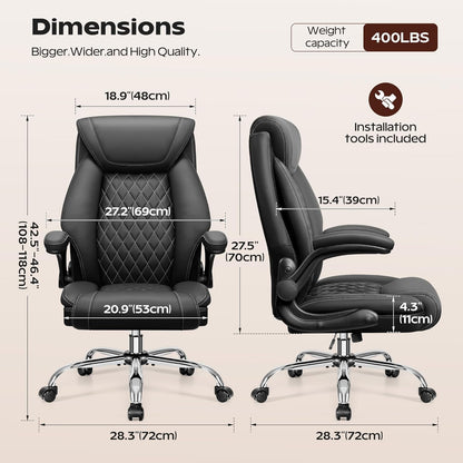 Office Chair, Ergonomic High Back Home Office Desk Chair, Big and Tall Breathable Leather Office Chair with Lumbar Support Flip-Up Armrests, Computer Gaming Chair with Rocking Function