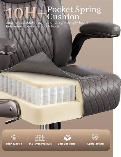 Mid-Back Office Chair, Ergonomic PU Desk Chair with Flip up Arms, Small Computer Gaming with Comfy Lumbar Support,Rocking Function,Sturdy Metal Base, Grey