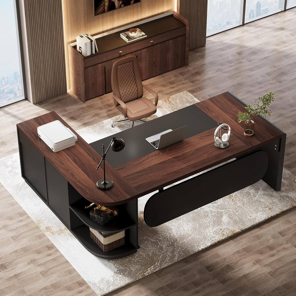 80 Inches Executive Desk, L-Shaped Office Desk with 55 Inches Cabine