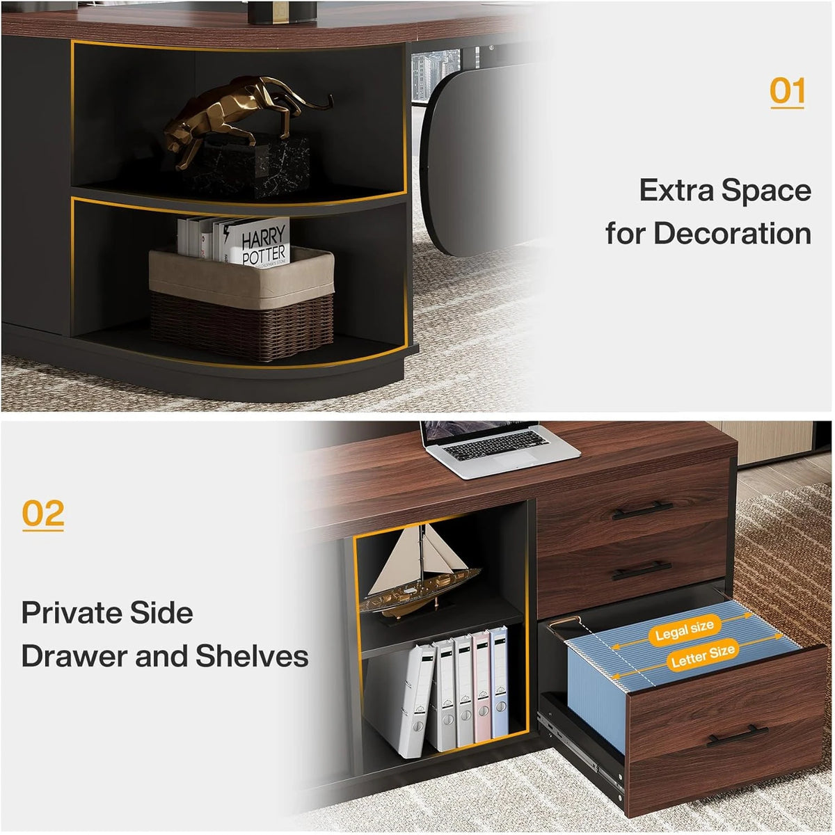 80 Inches Executive Desk, L-Shaped Office Desk with 55 Inches Cabine