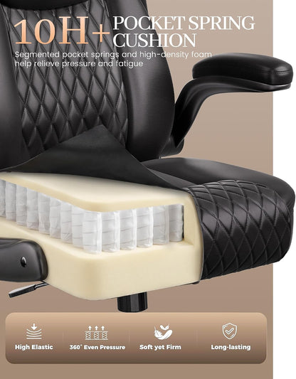 Mid-Back Office Chair, Ergonomic PU Desk Chair with Flip up Arms, Small Computer Gaming with Comfy Lumbar Support,Rocking Function,Sturdy Metal Base, Ink Black