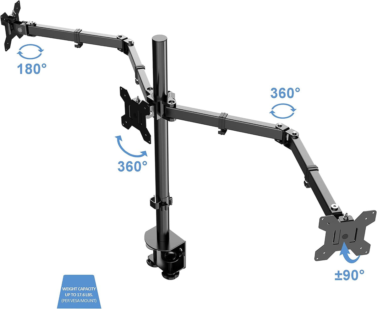 Premium Triple Monitor Desk Mount - Standard Pattern Fits 13" - 27" LED LCD Flat Computer Screen - Three Articulated Full Motion Adjustable Arms - Grommet and C Clamp - Black (R DM3)