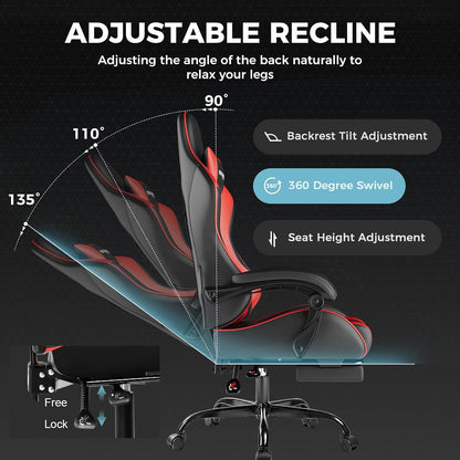 Gaming Chair, Computer Chair with Footrest and Lumbar Support, Height Adjustable Game Chair with 360°-Swivel Seat and Headrest and for Office or Gaming (Faux Leather, Red)