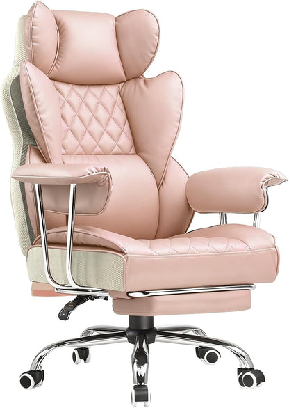 Big and Tall Office Chair, High Back Leather Gaming Chair with Footrest, Executive Ergonomic Office Chairs with Pocket Spring Lumbar Support and with Outward Fixed Soft Armrests