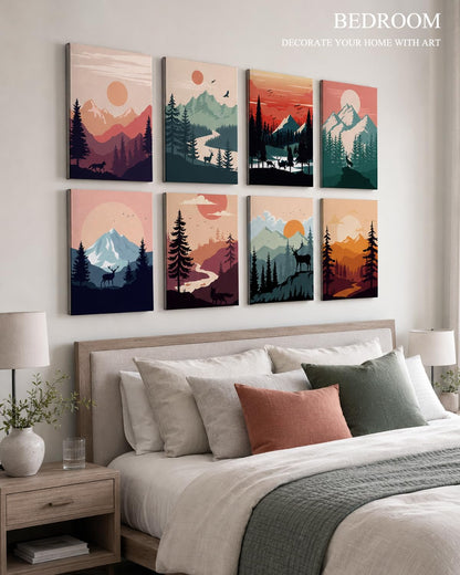 Acoustic Art Wall Panels for Bedroom, Recording Studio, TV, Podcast, 48X32In, Mountain Forest Illustration Wall Decor, Soundproof Sound Absorbing, 8Pcs