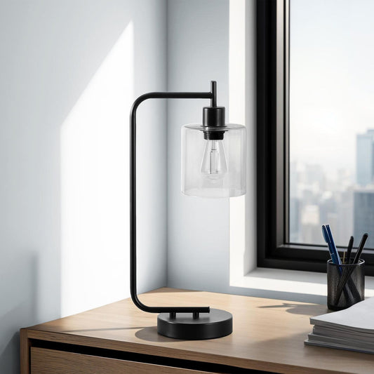 Modern Glass Lamp with USB Port – Black
