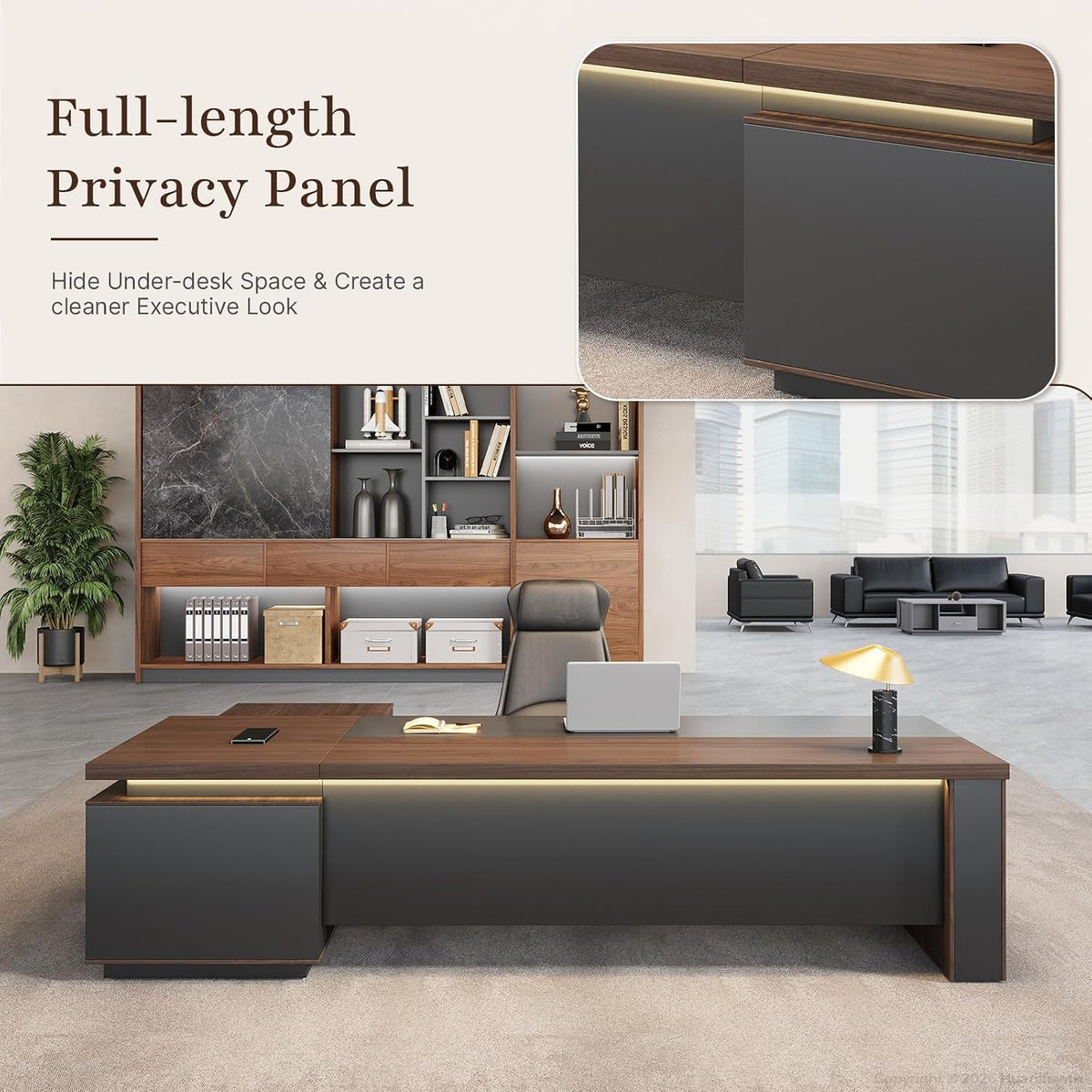 63" Reversible L-Shaped Executive Desk with Power Outlets and Drawers
