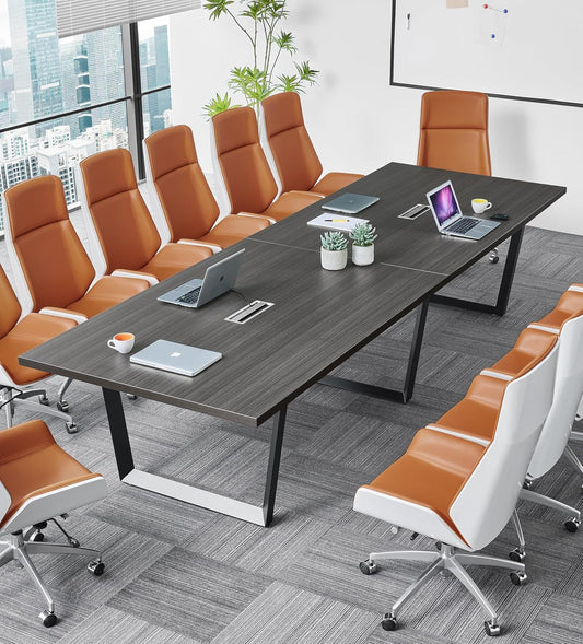 12FT Conference Table with Cable Management Grommets — Modern Rectangle Office Meeting/Boardroom Table with Melamine Wood Top and Metal Frame (Grey)