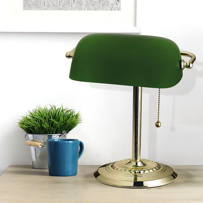13.5" Traditional Banker’s Lamp with Green Glass Shade – Polished Brass