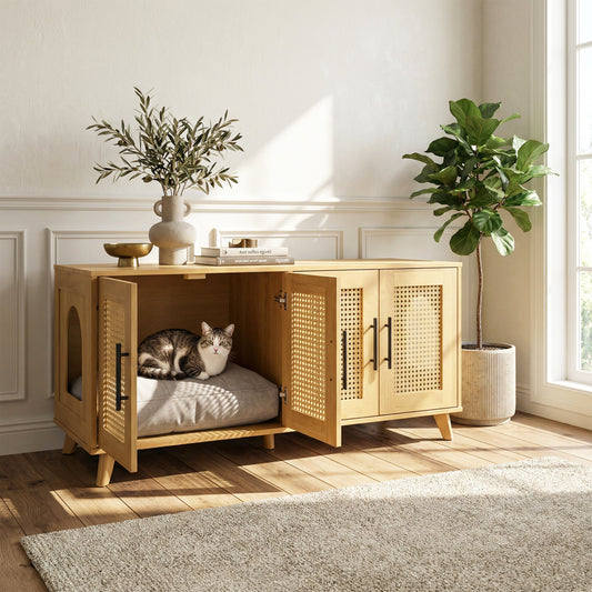 Rubberwood Cat Cabinet with Plush Cushion & Rattan Doors – Natural