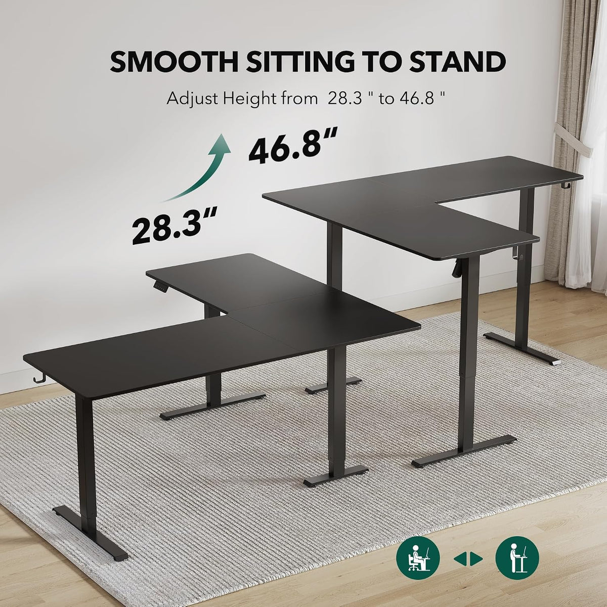 L Shaped Standing Desk - 63 X 55 Inch Electric Adjustable Height Corner Standing Desk, Ergonomic Sit Stand up Table with 3 Memory Buttons, Splice Board for Home Office, Black