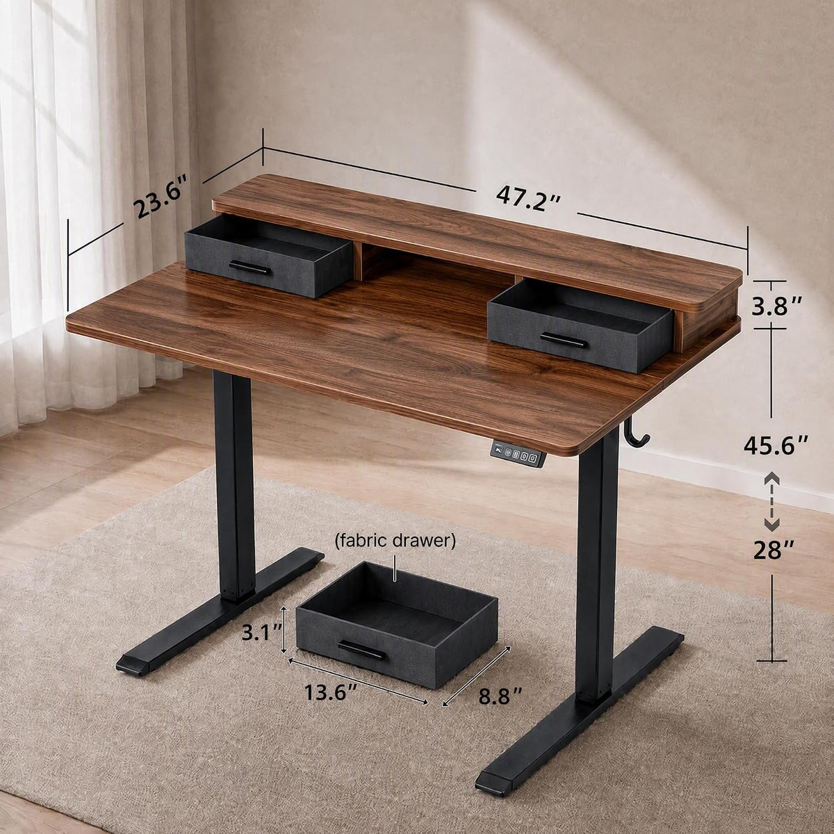 Electric Standing Desk with Two Drawers, Sit to Stand up Height Adjustable Desk with Storage Shelf for Home Office, 47 * 24 Inch, Study, Ergonomic Adjustable Computer Desk, Walnut