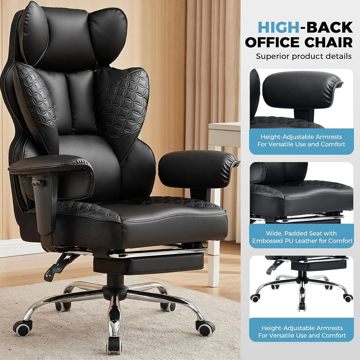 Big and Tall Office Chair Heavy Duty Wide Ergonomic Gaming Chair with Deluxe Embossing Designed Leather with Foot Rest, 145°Reclining Adjustable Armrests Pocket Spring Back Support and Pillow