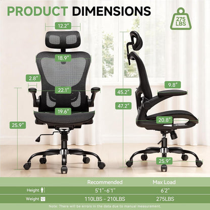 Office Chair, Home Ergonomic Desk Chair with High Back Mesh, Mesh Office Computer Desk Chairs with Adjustable Lumbar Support, Rolling Work Swivel Task Chairs with 3D Armrests and Headrest