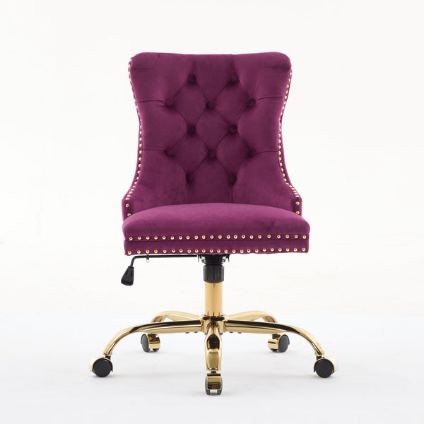 Purple Modern Velvet Upholstered Office Chair with Tufted Buttons - Golden Accents