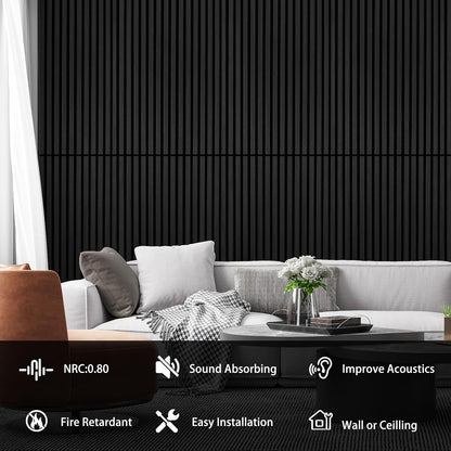 Home Acoustic Panels for Wall & Ceiling - 3D Fluted Soundproof Studio Panels for Home Theater, Bedroom, Office Noise Reduction - Set of 2 Wood Slat Panels 47.2"X23.6", Matte Black Wall Decor