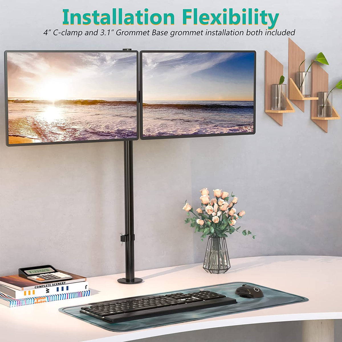 Extra Tall Dual LCD Monitor Fully Adjustable Desk Mount Fits 2 Screens up to 27 Inch, 22 Lbs. Weight Capacity per Arm (M002XL), Black