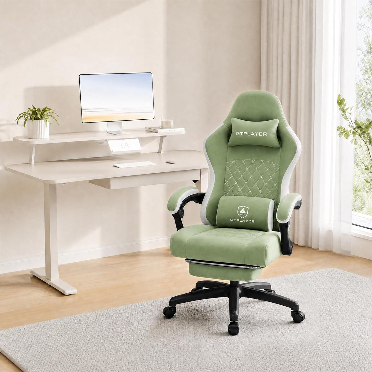 Gaming Chair, Computer Office Chair with Pocket Spring Cushion, Linkage Armrests and Footrest, High Back Ergonomic Computer Chair with Lumbar Support Task Chair with Footrest