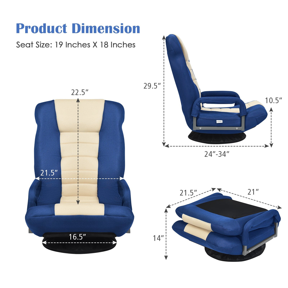 360° Swivel Gaming Floor Chair with Adjustable, Foldable Backrest